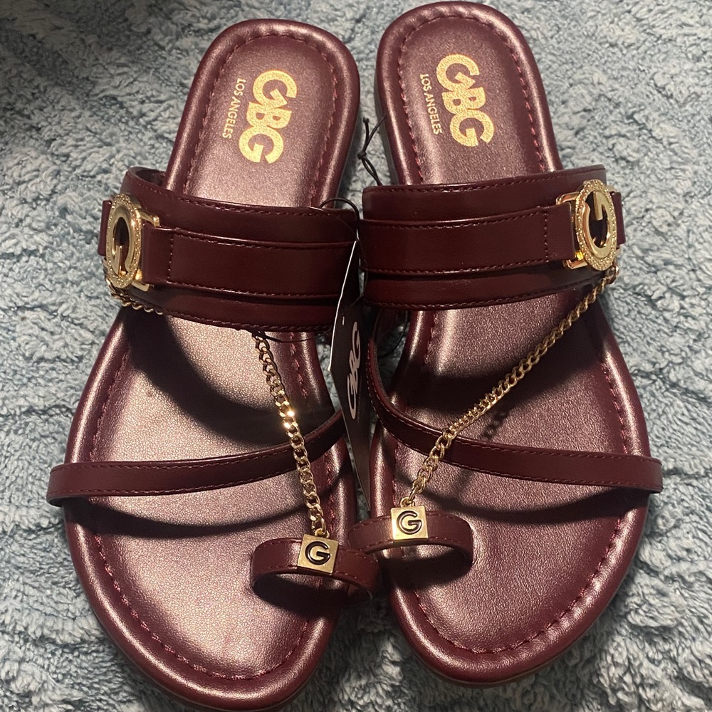GBG Los Angeles Maroon Sandals with Gold Accents